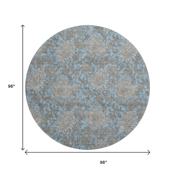 HomeRoots 8' Blue and Gray Floral Area Rug - Washable, UV Protected, Durable for High-Traffic Spaces & Style 655779