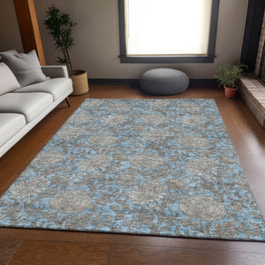 HomeRoots 8' X 10' Blue and Gray Floral Area Rug - Durable, Washable with UV Protection for High-Traffic Spaces 655780