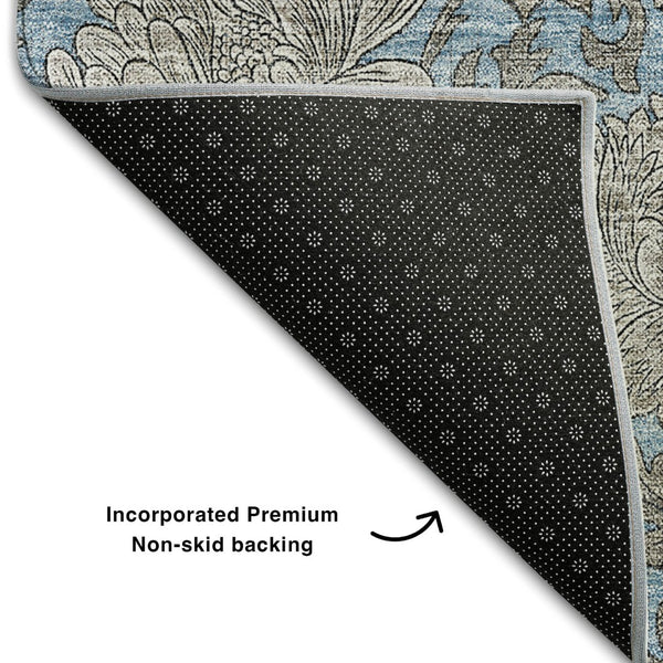 HomeRoots 8' X 10' Blue and Gray Floral Area Rug - Durable, Washable with UV Protection for High-Traffic Spaces 655780