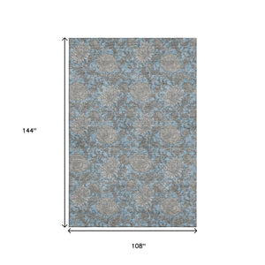 HomeRoots 9' X 12' Elegant Blue and Gray Floral Area Rug – Washable, UV-Protected, Perfect for High-Traffic Homes! 655781