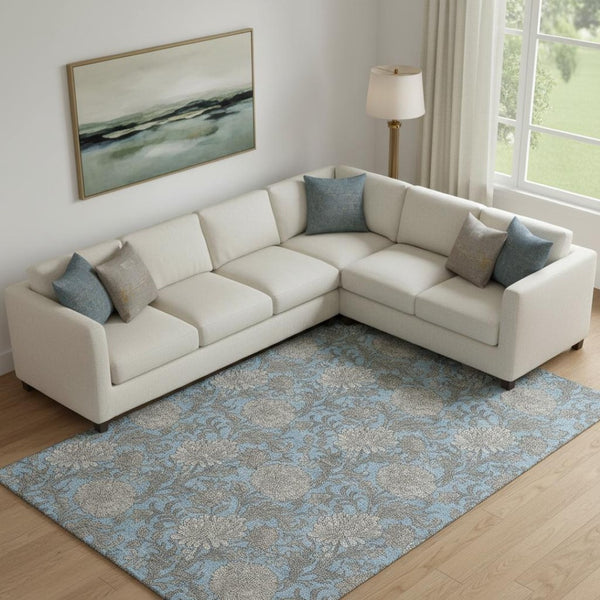 HomeRoots 9' X 12' Elegant Blue and Gray Floral Area Rug – Washable, UV-Protected, Perfect for High-Traffic Homes! 655781