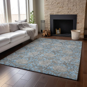 HomeRoots 9' X 12' Elegant Blue and Gray Floral Area Rug – Washable, UV-Protected, Perfect for High-Traffic Homes! 655781