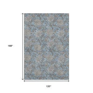 HomeRoots 10' X 14' Blue And Gray Floral Area Rug - Washable, UV Protected, Durable for Family Spaces & Pets 655782
