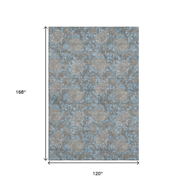 HomeRoots 10' X 14' Blue And Gray Floral Area Rug - Washable, UV Protected, Durable for Family Spaces & Pets 655782
