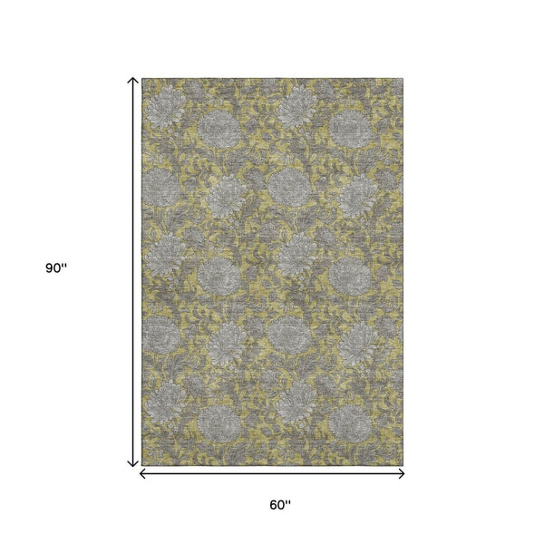HomeRoots 5' X 8' Gold and Gray Floral Area Rug - Washable, UV Protected, Durable for Stylish Living Spaces 655784