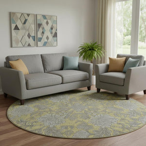 HomeRoots 8' Gold and Gray Floral Washable Round Rug - Durable, Stain Resistant, UV Protected for Busy Homes! 655785