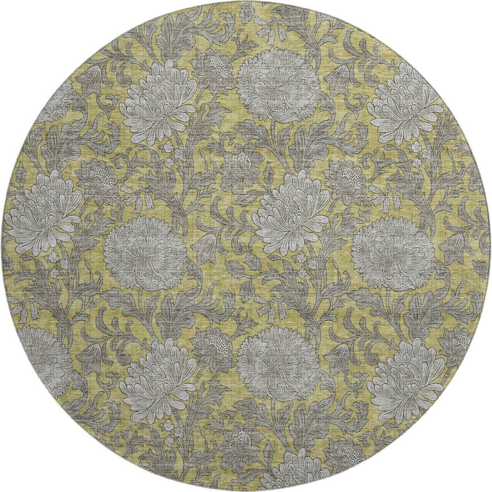 HomeRoots 8' Gold and Gray Floral Washable Round Rug - Durable, Stain Resistant, UV Protected for Busy Homes! 655785