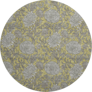 HomeRoots 8' Gold and Gray Floral Washable Round Rug - Durable, Stain Resistant, UV Protected for Busy Homes! 655785