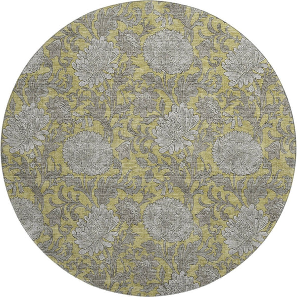HomeRoots 8' Gold and Gray Floral Washable Round Rug - Durable, Stain Resistant, UV Protected for Busy Homes! 655785