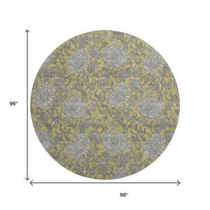 HomeRoots 8' Gold and Gray Floral Washable Round Rug - Durable, Stain Resistant, UV Protected for Busy Homes! 655785
