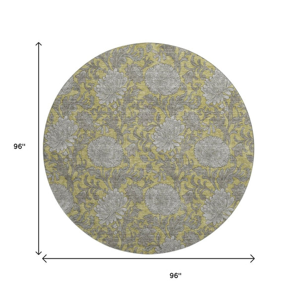 HomeRoots 8' Gold and Gray Floral Washable Round Rug - Durable, Stain Resistant, UV Protected for Busy Homes! 655785