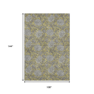 HomeRoots 9' X 12' Gold and Gray Floral Area Rug - Durable, Washable with UV Protection for Active Homes 655787