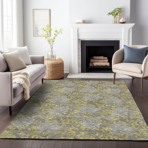 HomeRoots 9' X 12' Gold and Gray Floral Area Rug - Durable, Washable with UV Protection for Active Homes 655787