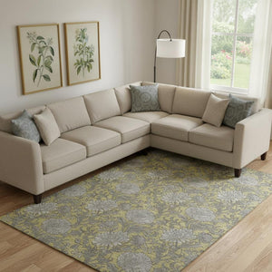 HomeRoots 9' X 12' Gold and Gray Floral Area Rug - Durable, Washable with UV Protection for Active Homes 655787