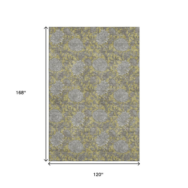 HomeRoots 10' X 14' Gold and Gray Floral Area Rug - Washable, Stain Resistant, UV Protected for Family Homes 655788