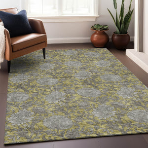 HomeRoots 10' X 14' Gold and Gray Floral Area Rug - Washable, Stain Resistant, UV Protected for Family Homes 655788