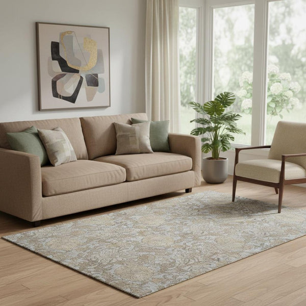 HomeRoots 5' Gray and Silver Floral Area Rug - Washable, UV Protected, Durable Design for Easy Care Living Spaces 655790