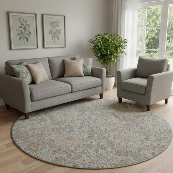 HomeRoots 8' Gray and Silver Floral Washable Round Rug - Durable UV-Protected Design for Busy Homes & Style 655791