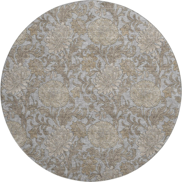 HomeRoots 8' Gray and Silver Floral Washable Round Rug - Durable UV-Protected Design for Busy Homes & Style 655791