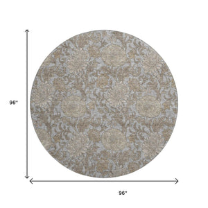 HomeRoots 8' Gray and Silver Floral Washable Round Rug - Durable UV-Protected Design for Busy Homes & Style 655791