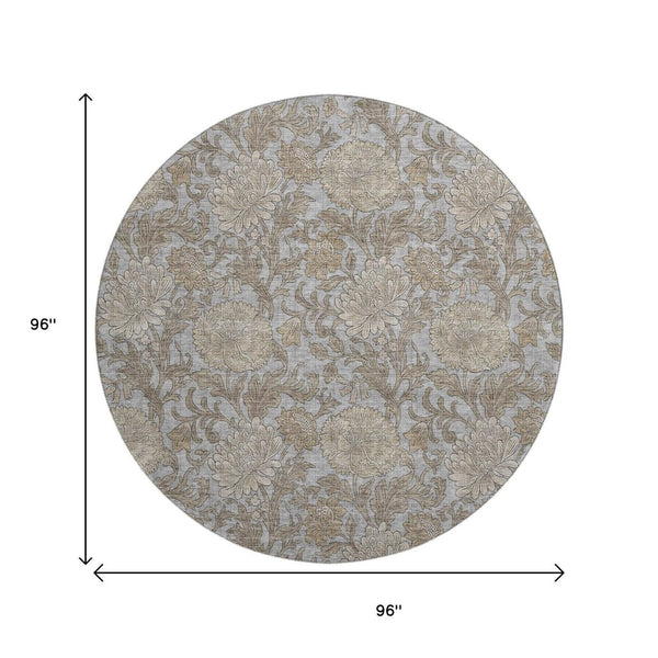 HomeRoots 8' Gray and Silver Floral Washable Round Rug - Durable UV-Protected Design for Busy Homes & Style 655791