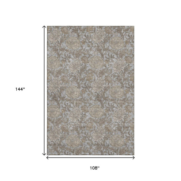 HomeRoots 9' X 12' Durable Gray & Silver Floral Area Rug - Washable, UV Protected, Stain Resistant Design 655793