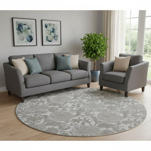 HomeRoots 8' Elegant Ivory & Gray Floral Round Rug – Washable, UV-Protected, Stain-Resistant, Durable Design! 655797