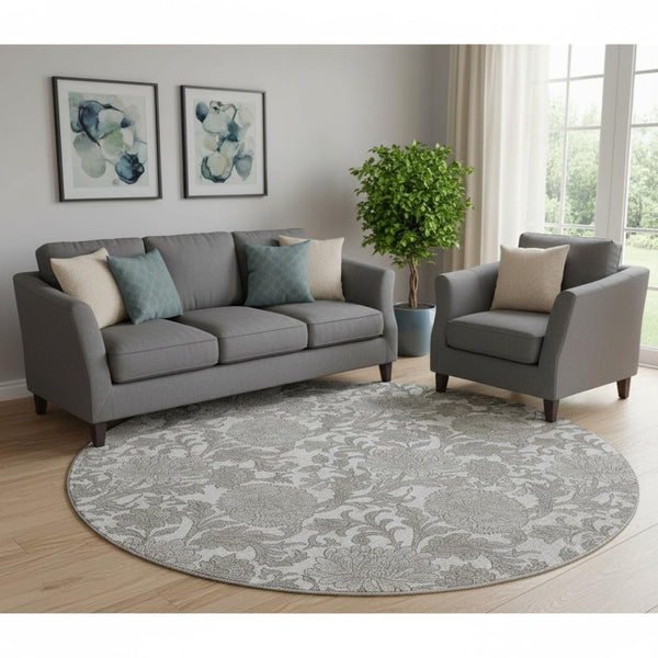 HomeRoots 8' Elegant Ivory & Gray Floral Round Rug – Washable, UV-Protected, Stain-Resistant, Durable Design! 655797
