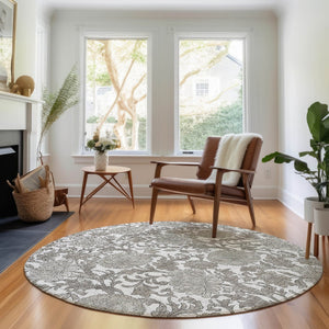 HomeRoots 8' Elegant Ivory & Gray Floral Round Rug – Washable, UV-Protected, Stain-Resistant, Durable Design! 655797