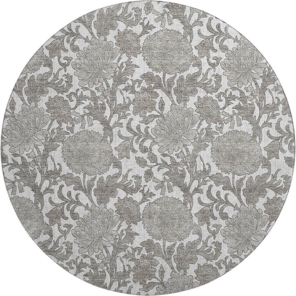 HomeRoots 8' Elegant Ivory & Gray Floral Round Rug – Washable, UV-Protected, Stain-Resistant, Durable Design! 655797