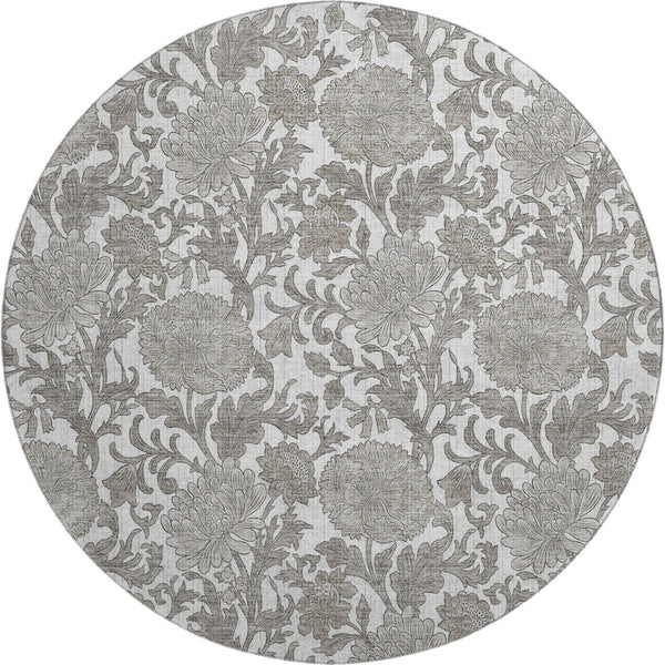 HomeRoots 8' Elegant Ivory & Gray Floral Round Rug – Washable, UV-Protected, Stain-Resistant, Durable Design! 655797