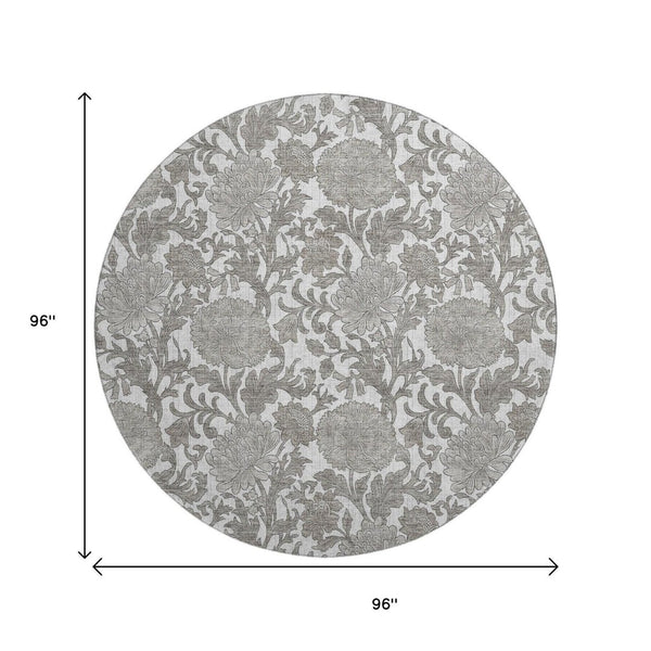 HomeRoots 8' Elegant Ivory & Gray Floral Round Rug – Washable, UV-Protected, Stain-Resistant, Durable Design! 655797