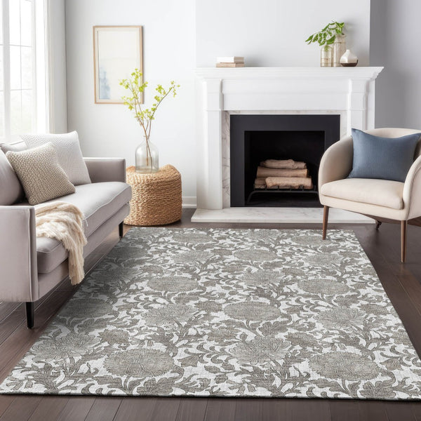 HomeRoots 9' X 12' Ivory & Gray Floral Area Rug - Stylish, Washable, UV-Protected for Busy Homes & Elegance 655799