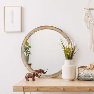English Elm Round Rattan Textured Wall Mirror Natural Woven Frame Bohemian Accent for Any Room W2295P414108