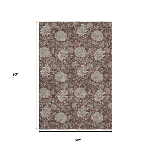 HomeRoots 5' X 8' Merlot Beige Floral Area Rug - Durable, Stain-Resistant, UV-Protected for Stylish Spaces 655802