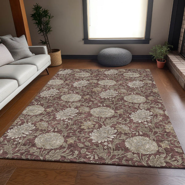 HomeRoots 5' X 8' Merlot Beige Floral Area Rug - Durable, Stain-Resistant, UV-Protected for Stylish Spaces 655802