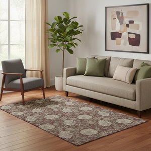 HomeRoots 5' X 8' Merlot Beige Floral Area Rug - Durable, Stain-Resistant, UV-Protected for Stylish Spaces 655802