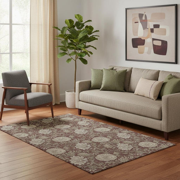 HomeRoots 5' X 8' Merlot Beige Floral Area Rug - Durable, Stain-Resistant, UV-Protected for Stylish Spaces 655802