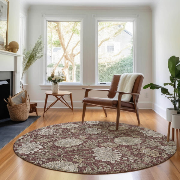 HomeRoots 8' Merlot and Beige Floral Washable Round Rug – Durable, Stain-Resistant, UV Protected Elegance 655803