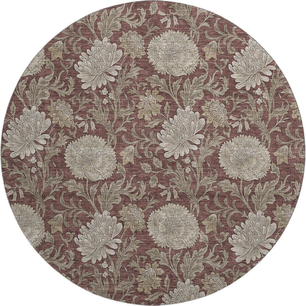 HomeRoots 8' Merlot and Beige Floral Washable Round Rug – Durable, Stain-Resistant, UV Protected Elegance 655803
