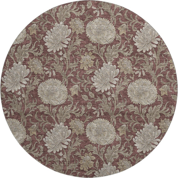 HomeRoots 8' Merlot and Beige Floral Washable Round Rug – Durable, Stain-Resistant, UV Protected Elegance 655803