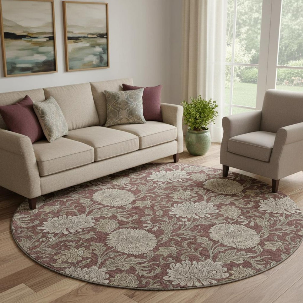 HomeRoots 8' Merlot and Beige Floral Washable Round Rug – Durable, Stain-Resistant, UV Protected Elegance 655803
