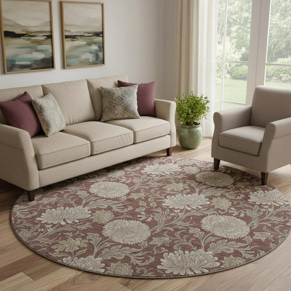 HomeRoots 8' Merlot and Beige Floral Washable Round Rug – Durable, Stain-Resistant, UV Protected Elegance 655803
