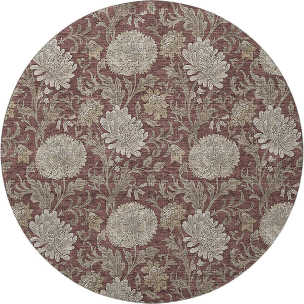 HomeRoots 8' Merlot and Beige Floral Washable Round Rug – Durable, Stain-Resistant, UV Protected Elegance 655803
