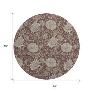 HomeRoots 8' Merlot and Beige Floral Washable Round Rug – Durable, Stain-Resistant, UV Protected Elegance 655803