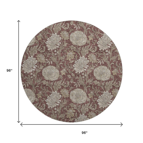 HomeRoots 8' Merlot and Beige Floral Washable Round Rug – Durable, Stain-Resistant, UV Protected Elegance 655803