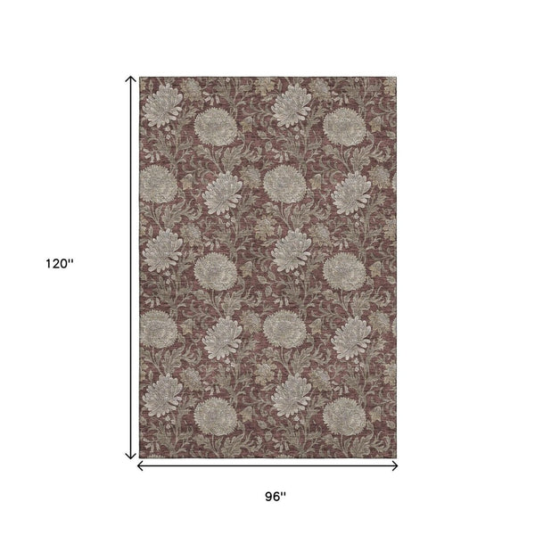 HomeRoots 8' X 10' Floral Area Rug in Merlot & Beige – Durable, Washable, UV-Protected for High-Traffic Spaces! 655804