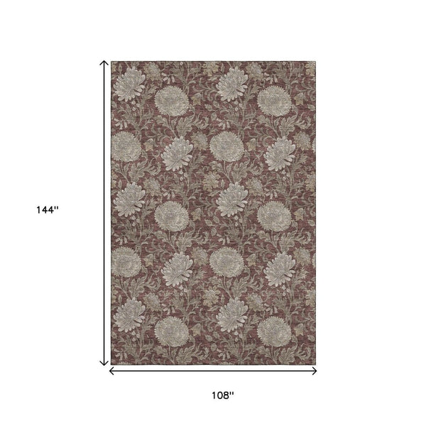 HomeRoots 9' X 12' Merlot and Beige Floral Area Rug - Durable, Stain-Resistant, UV Protected for Homes 655805