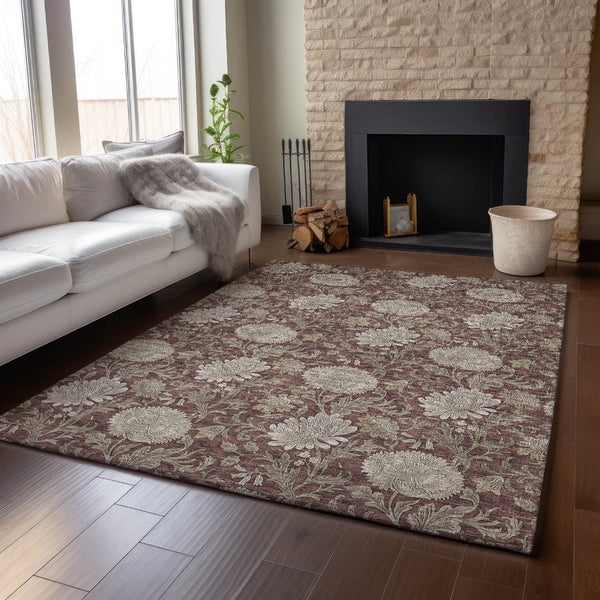 HomeRoots 9' X 12' Merlot and Beige Floral Area Rug - Durable, Stain-Resistant, UV Protected for Homes 655805