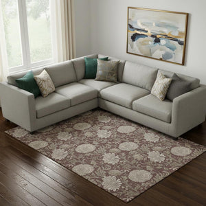 HomeRoots 10' X 14' Elegant Merlot and Beige Floral Washable Area Rug with UV Protection for Busy Homes 655806